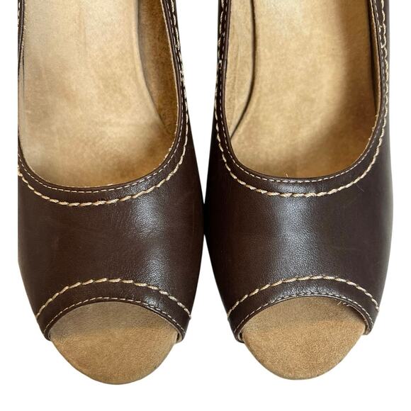 Aerosoles Sleigh Thread Peep Toe Brown Leather Wedge Heels - 8 - Picture 8 of 8